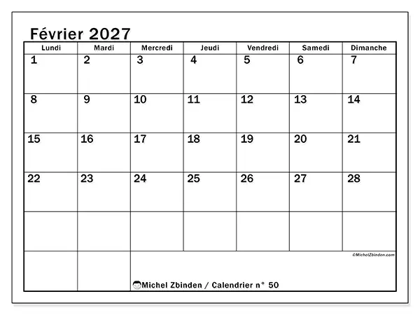Calendrier février 2027 à imprimer - Planification optimale