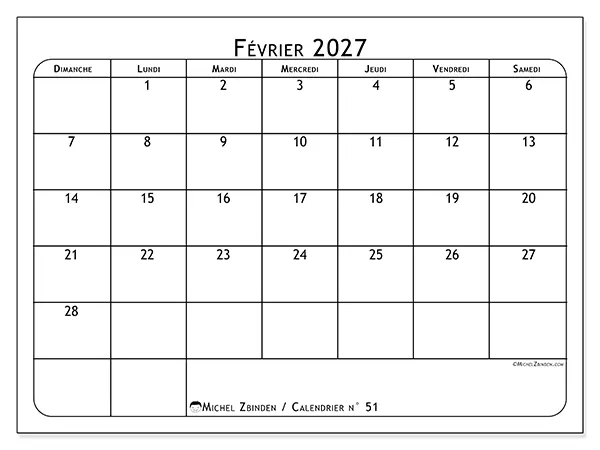 Calendrier février 2027 à imprimer - Programme des repas - Semaine du dimanche au samedi