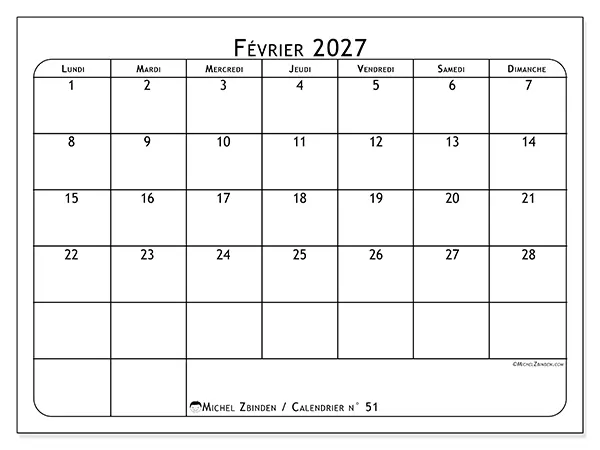 Calendrier février 2027 à imprimer - Programme des repas