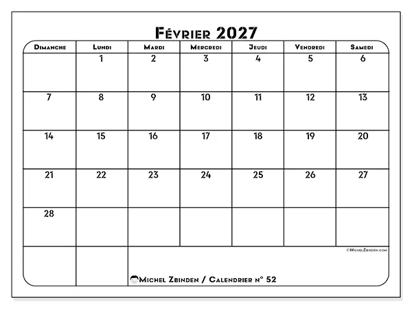 Calendrier février 2027 à imprimer - Organisation professionnelle - Semaine du dimanche au samedi