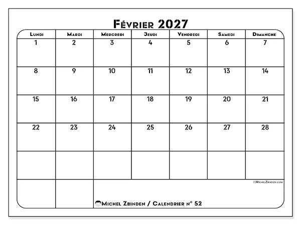 Calendrier février 2027 à imprimer - Organisation professionnelle