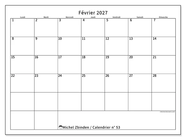 Calendrier février 2027 à imprimer - Horaire efficace