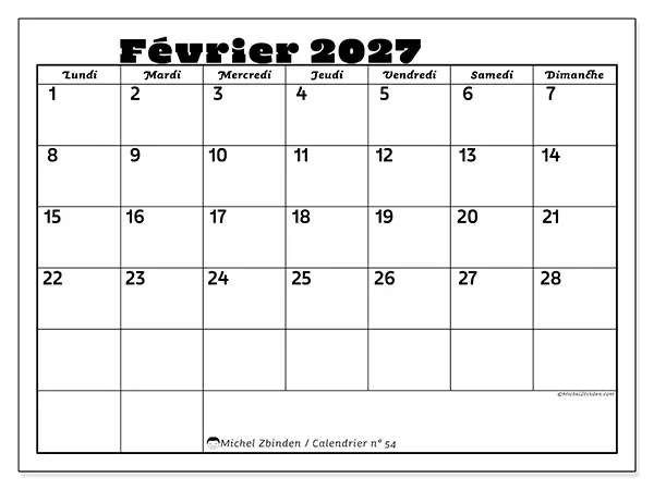 Calendrier février 2027 à imprimer - Activités en famille