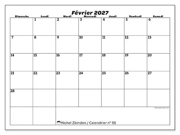 Calendrier février 2027 à imprimer - Organisation des loisirs - Semaine du dimanche au samedi