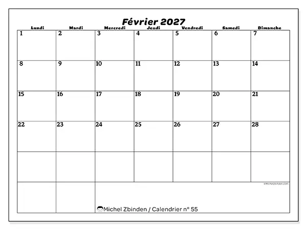 Calendrier février 2027 à imprimer - Organisation des loisirs