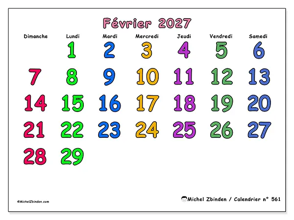 Calendrier février 2027 à imprimer - Moments créatifs - Semaine du dimanche au samedi