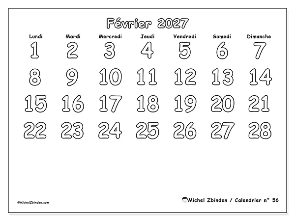 Calendrier février 2027 à imprimer - Coloriage utile