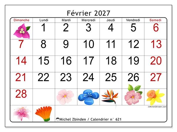 Calendrier février 2027 à imprimer - Grandes fleurs - Semaine du dimanche au samedi