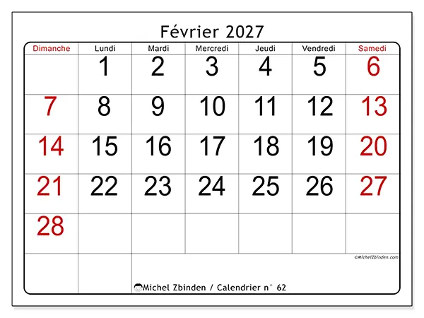 Calendrier février 2027 à imprimer - Lecture rapide - Semaine du dimanche au samedi