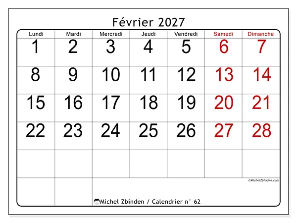 Calendrier février 2027 à imprimer - Lecture rapide