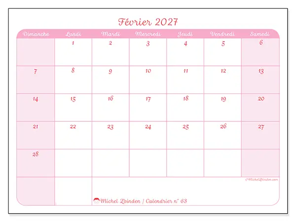 Calendrier février 2027 à imprimer - Organisation en douceur - Semaine du dimanche au samedi