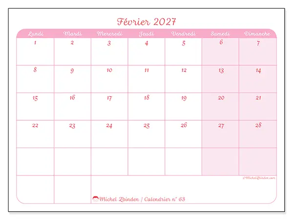 Calendrier février 2027 à imprimer - Organisation en douceur