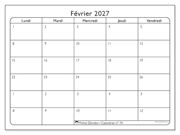 Calendrier février 2027 à imprimer - Organisation du travail