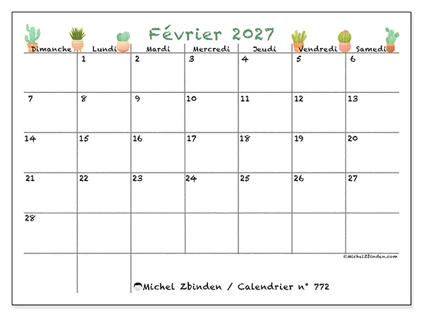 Calendrier février 2027 à imprimer - Cactus décoratifs - Semaine du dimanche au samedi