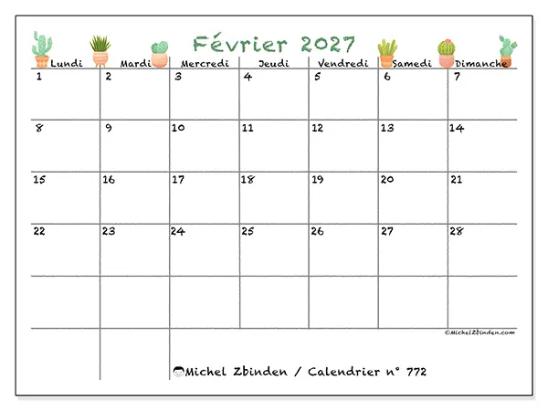 Calendrier février 2027 à imprimer - Cactus décoratifs