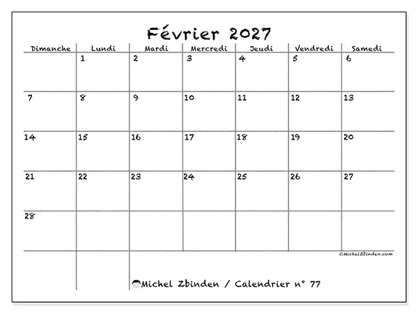 Calendrier février 2027 à imprimer - École et famille - Semaine du dimanche au samedi