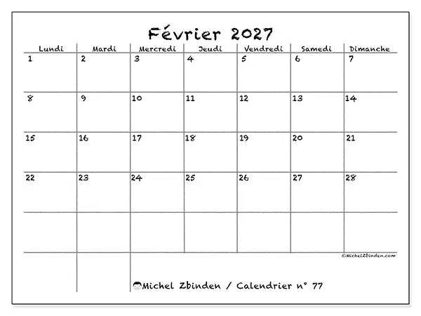Calendrier février 2027 à imprimer - École et famille
