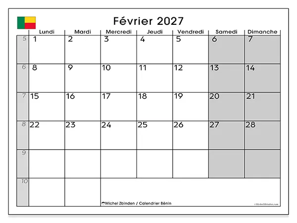 Calendrier février 2027 à imprimer - Bénin