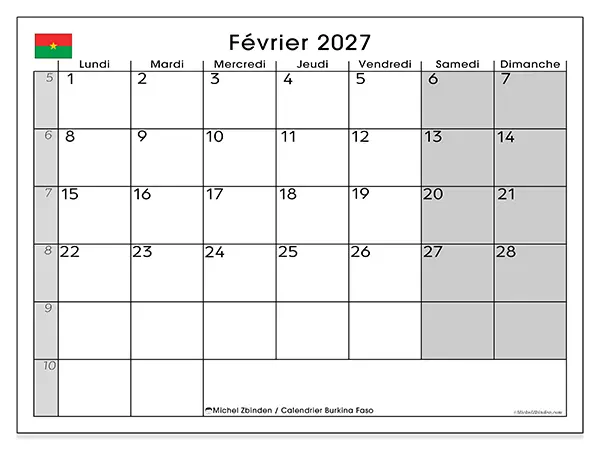 Calendrier février 2027 à imprimer - Burkina Faso
