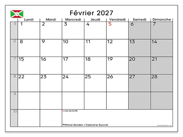 Calendrier février 2027 à imprimer - Burundi
