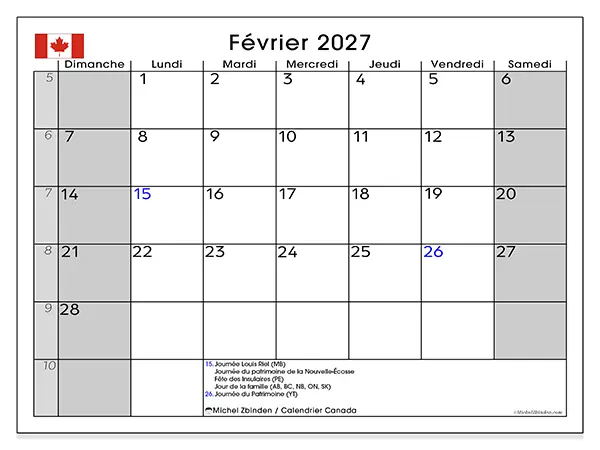 Calendrier février 2027 à imprimer - Canada