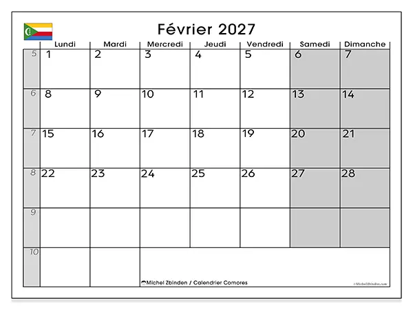 Calendrier février 2027 à imprimer - Comores