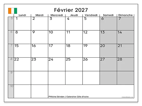 Calendrier février 2027 à imprimer - Côte d’Ivoire