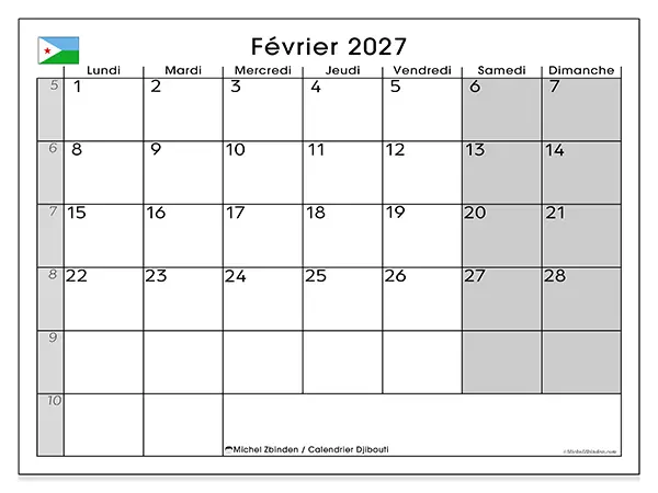 Calendrier février 2027 à imprimer - Djibouti