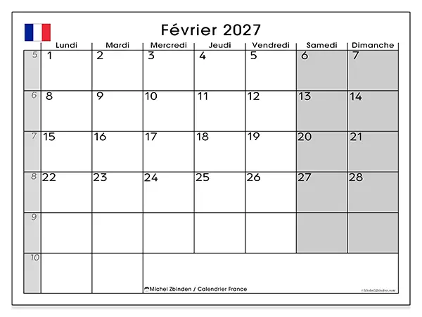 Calendrier février 2027 à imprimer - France