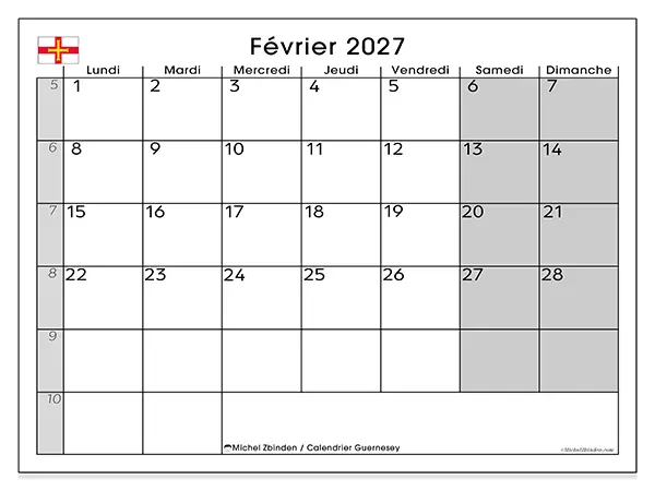 Calendrier février 2027 à imprimer - Guernesey
