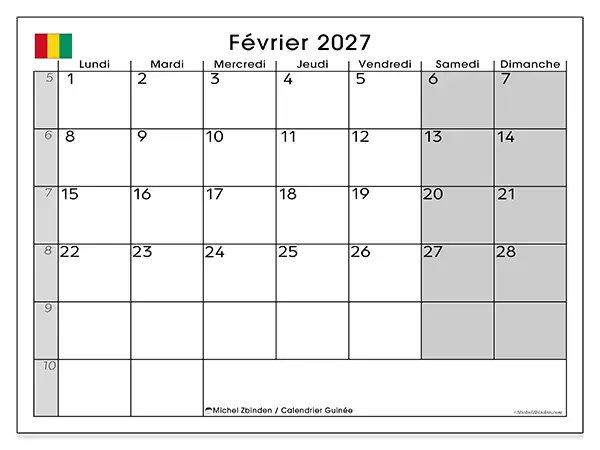 Calendrier février 2027 à imprimer - Guinée