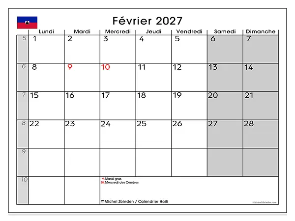 Calendrier février 2027 à imprimer - Haïti