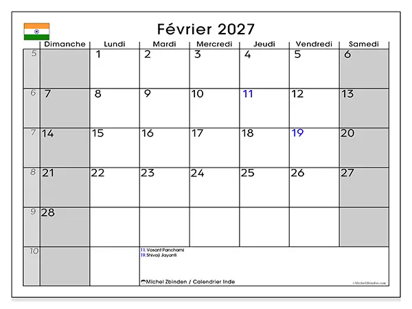 Calendrier février 2027 à imprimer - Inde