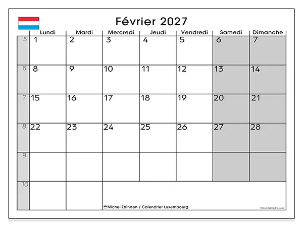 Calendrier février 2027 à imprimer - Luxembourg
