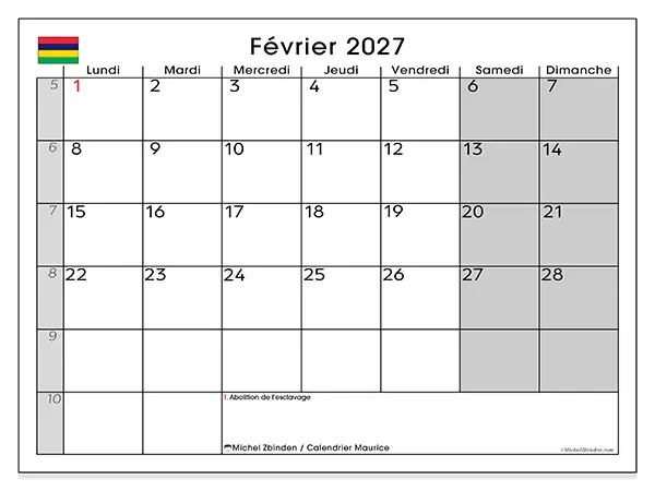 Calendrier février 2027 à imprimer - Maurice