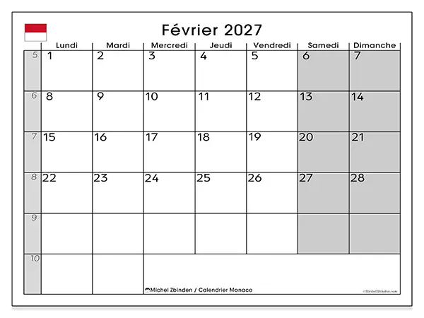 Calendrier février 2027 à imprimer - Monaco