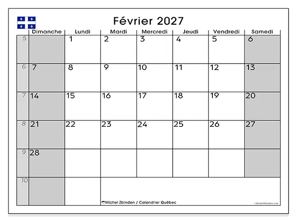 Calendrier février 2027 à imprimer - Québec