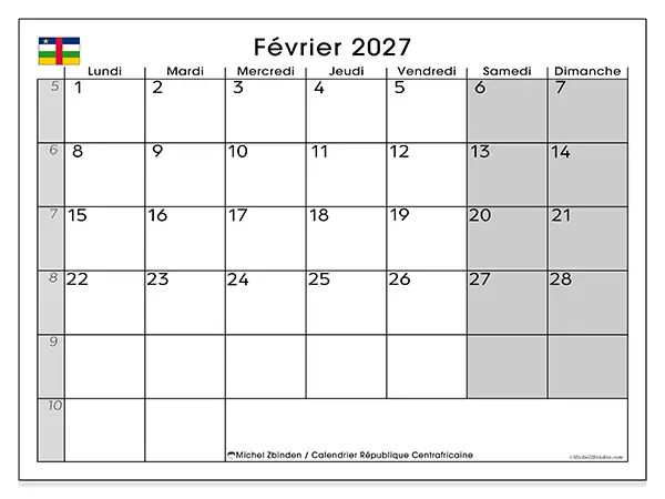 Calendrier février 2027 à imprimer - République centrafricaine