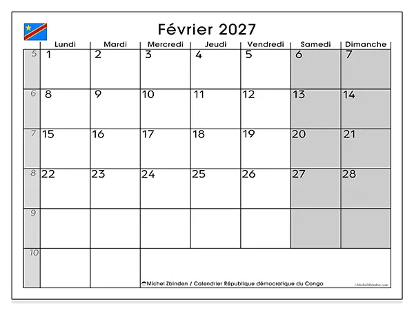 Calendrier février 2027 à imprimer - République démocratique du Congo