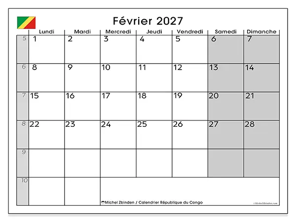 Calendrier février 2027 à imprimer - République du Congo