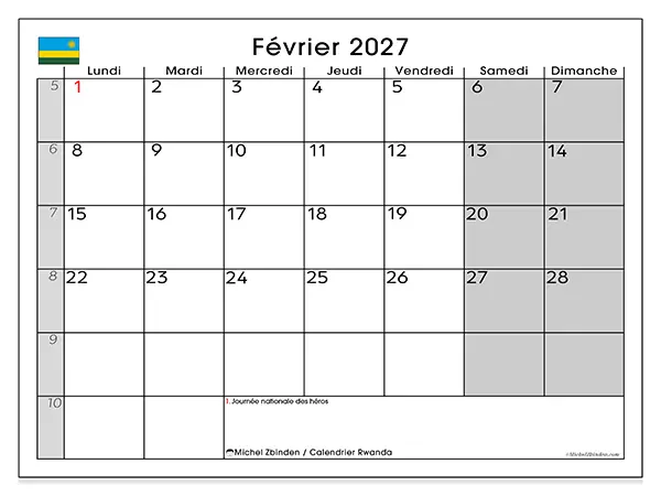 Calendrier février 2027 à imprimer - Rwanda