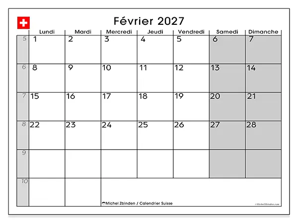 Calendrier février 2027 à imprimer - Suisse