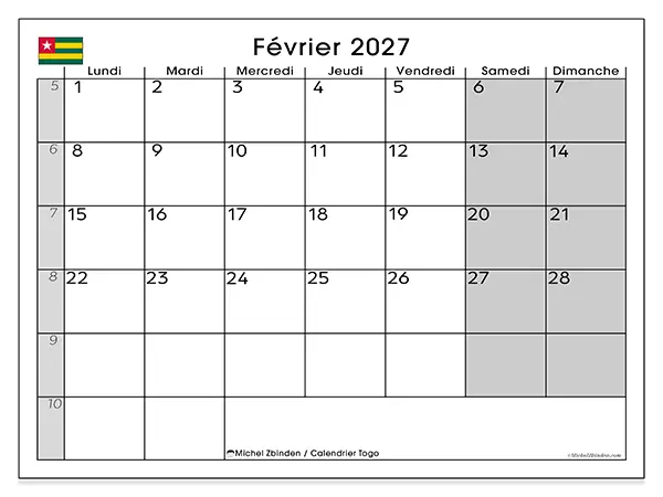 Calendrier février 2027 à imprimer - Togo