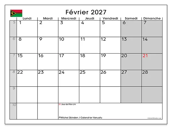 Calendrier février 2027 à imprimer - Vanuatu