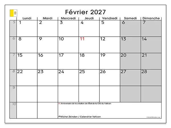 Calendrier février 2027 à imprimer - Vatican