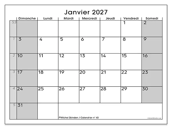 Calendrier janvier 2027 à imprimer - Organisation parfaite - Semaine du dimanche au samedi
