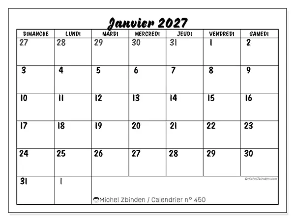 Calendrier janvier 2027 à imprimer - Organisation détaillée - Semaine du dimanche au samedi