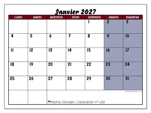 Calendrier janvier 2027 à imprimer - Productivité en couleur