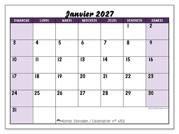 Calendrier janvier 2027 à imprimer - Efficacité colorée - Semaine du dimanche au samedi