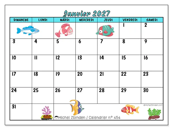 Calendrier janvier 2027 à imprimer - Poissons colorés - Semaine du dimanche au samedi